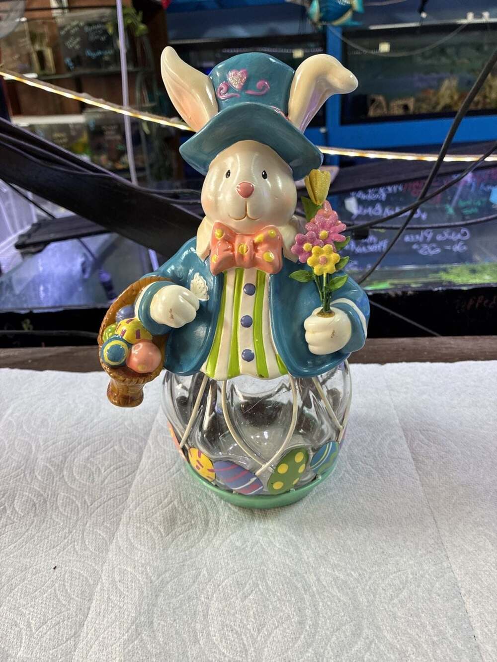 Cracker Barrel Easter Bunny Figurine Glass Jar Candle Holder Mad Hatter Rabbit